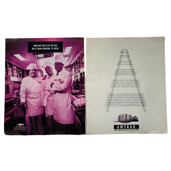 Amtrak Train Print Ad Vintage 1994 Travel Chef Cooks in Kitchen Rail Fan 2 Page - Picture 1 of 6